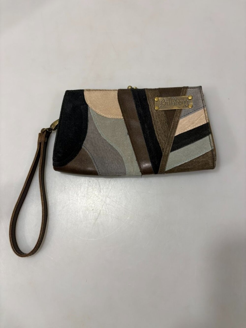 Billabong Patchwork Leather & Suede Clutch Wristlet 8.5 x 5" Gray Beige Brown